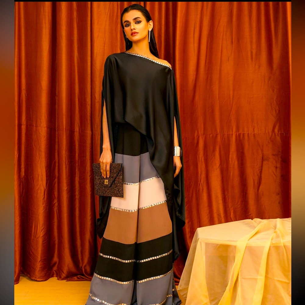 Two piece cape and pants formal set